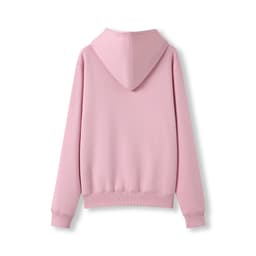 A pink women's juniors kangaroo pocket hoodie with a hood and ribbed cuffs. Features a branding logo on the garment.