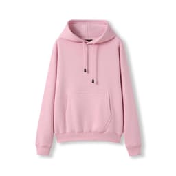 A pink women's juniors kangaroo pocket hoodie with a drawstring hood and a front pouch pocket.