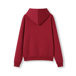 A red hoodie with a kangaroo pocket and a hood, featuring long sleeves and a simple design.