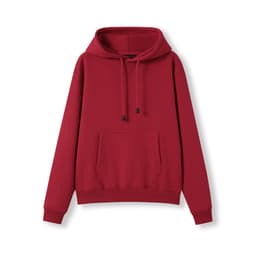 A red women's junior hoodie with a kangaroo pocket and drawstring hood. It has a plain design and includes a logo.