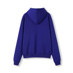 A blue women's junior kangaroo pocket hoodie featuring a hood and a solid back design.
