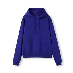 A blue women's juniors kangaroo pocket hoodie with a drawstring hood and long sleeves.