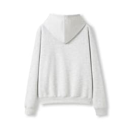 A grey women's/juniors hoodie featuring a kangaroo pocket and a hood, with a plain back view.