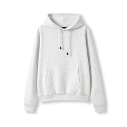 A grey kangaroo pocket hoodie with a hood and drawstrings, featuring a logo on the front.