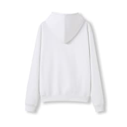 A white women's juniors kangaroo pocket hoodie, featuring a hood and long sleeves, viewed from the back.