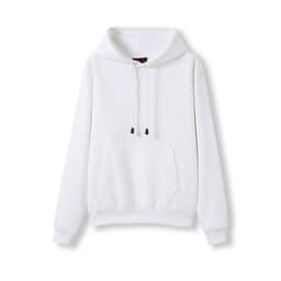 A white kangaroo pocket hoodie featuring a hood and drawstring details. The design includes a logo.