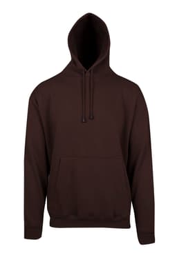 A brown men's hoodie with a kangaroo pocket and a drawstring hood, featuring a logo on the front.