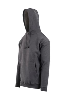 A grey men's hooded jumper featuring a kangaroo pocket and a drawstring hood, with a logo on it.