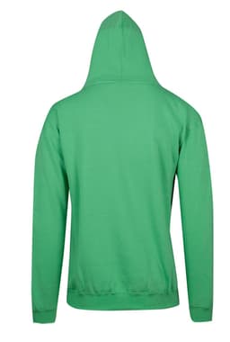A green hoodie featuring a kangaroo pocket and a hood, with a plain back design. It includes a logo.