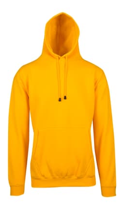 A yellow men's hoodie with a kangaroo pocket and an adjustable drawstring hood, featuring a logo.