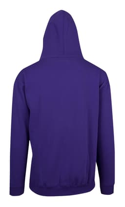 A purple hoodie with a kangaroo pocket and a hood, featuring a solid colour design.