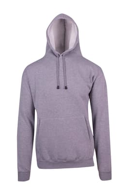 A grey men's hoodie with a kangaroo pocket and a drawstring hood, featuring a logo on the front.