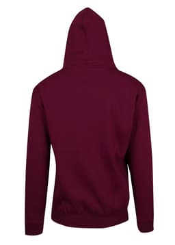 A maroon men's hoodie with a kangaroo pocket and a hood, featuring a plain design at the back.