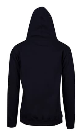 A black men's hoodie featuring a kangaroo pocket and a hood, presented from the back.