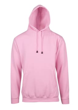 A pink hoodie with a kangaroo pocket and a hood. The design includes a logo on the front.