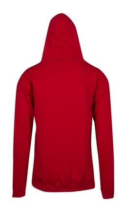 A red men's hoodie with a kangaroo pocket, featuring a hood and a simple design.