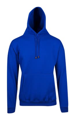 A blue kangaroo pocket hoodie with a drawstring hood and a front pouch pocket. It features a logo on the front.