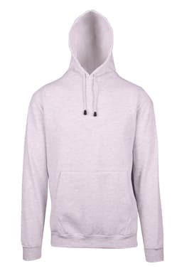 A light grey men's hoodie featuring a kangaroo pocket and a drawstring hood. The design includes a logo.