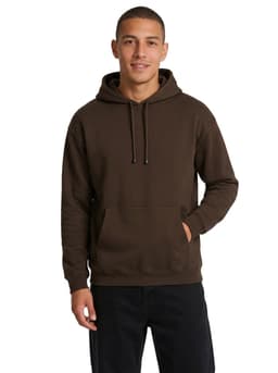 A light grey men's hoodie with a kangaroo pocket, modelled by a male figure, featuring a hood and drawstrings.