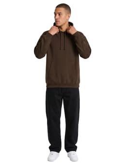 A grey men's kangaroo pocket hoodie viewed from the back, featuring a hood and casual fit.