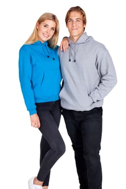 A blue women's hoodie with a kangaroo pocket and a grey men's hoodie, both featuring drawstring hoods.
