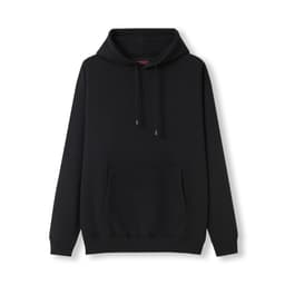 A black men's hoodie featuring a kangaroo pocket and drawstring hood, with a subtle logo on it.