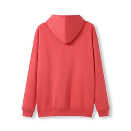 A red hoodie with a kangaroo pocket and a hood, featuring a plain design at the back.
