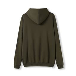 An olive green men's kangaroo pocket hoodie with a fitted design and a hood at the back.
