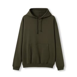 A men's kangaroo pocket hoodie in olive green with a front pocket and drawstring hood. It features a logo.