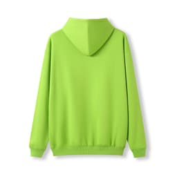A vibrant green men's hoodie with a kangaroo pocket and a hood, viewed from the back. Features a brand logo.
