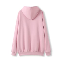 A pink hoodie with a kangaroo pocket and a hood, featuring a plain back design.