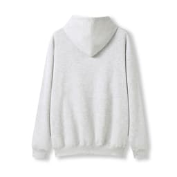 A grey men's hoodie featuring a kangaroo pocket and a hood, with a plain back view.