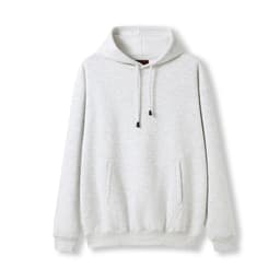 A light grey hoodie featuring a kangaroo pocket and a drawstring hood. It has a logo on the front.