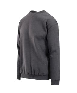 A dark grey adult poly cotton fleece jumper with a crew neck and ribbed cuffs. Features a logo on the front.