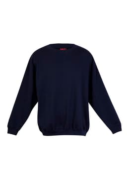 A navy blue adult poly cotton fleece jumper with long sleeves and a round neckline. Features a logo.