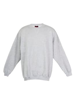 A light grey adult poly cotton fleece jumper with a round neckline and ribbed cuffs, featuring a logo.