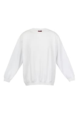 A white poly cotton fleece jumper with long sleeves and a round neckline. It features a branded label.