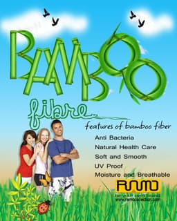 A promotional image featuring three people and the text about bamboo fibre's benefits, set against a vibrant, grassy background.