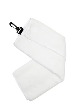 A white bamboo golf towel featuring a plastic hook for easy attachment. It has a soft texture and a simple design.