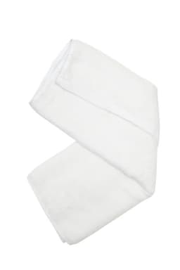 A white bamboo hand towel neatly folded, showcasing its soft texture and clean design. Features a branding logo.