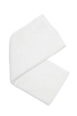 A white bamboo fitness towel, folded in a triangular shape, featuring a simple design and a logo.