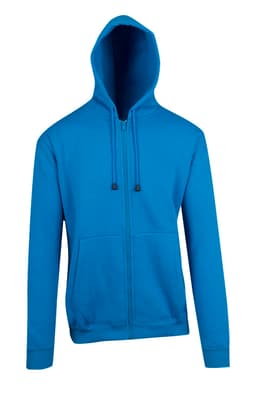 A vibrant blue men's zip hoodie with a front pocket and a hood, displaying a clean design.