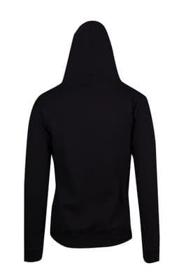 A black men's zip hoodie featuring a hood and a back pocket. The design is simple and minimalistic.