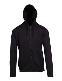A black zip hoodie featuring a front pocket and drawstring hood, with a logo on the chest.