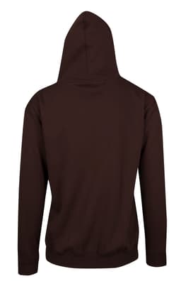 A brown men's zip hoodie with a pocket, featuring a hood, displayed from the back.