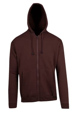 A brown zip hoodie featuring a front pocket and a hood, with a logo on the garment.