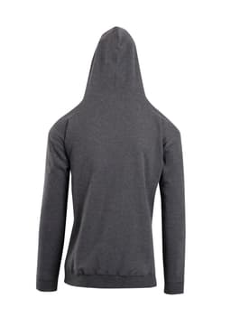 A grey men's zip hoodie featuring a hood and a pocket, displayed from the back.