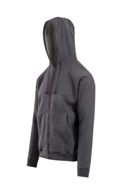 A grey zip hoodie with a pocket and a hood, featuring a simple design and a logo.
