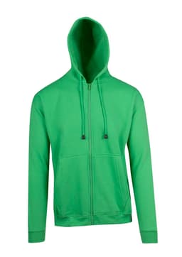 A green zip hoodie featuring a front pocket and a hood. The hoodie has a simple design and includes branding.
