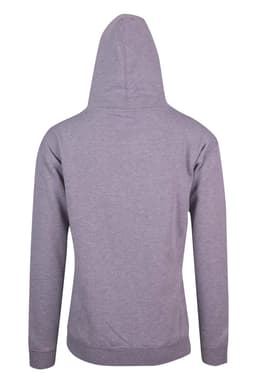 A grey men's zip hoodie featuring a hood and a pocket, with a logo on the back.